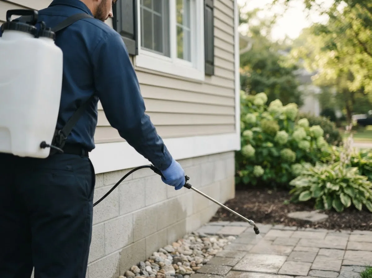 Pest control technician inspecting a home in Woodville, WI